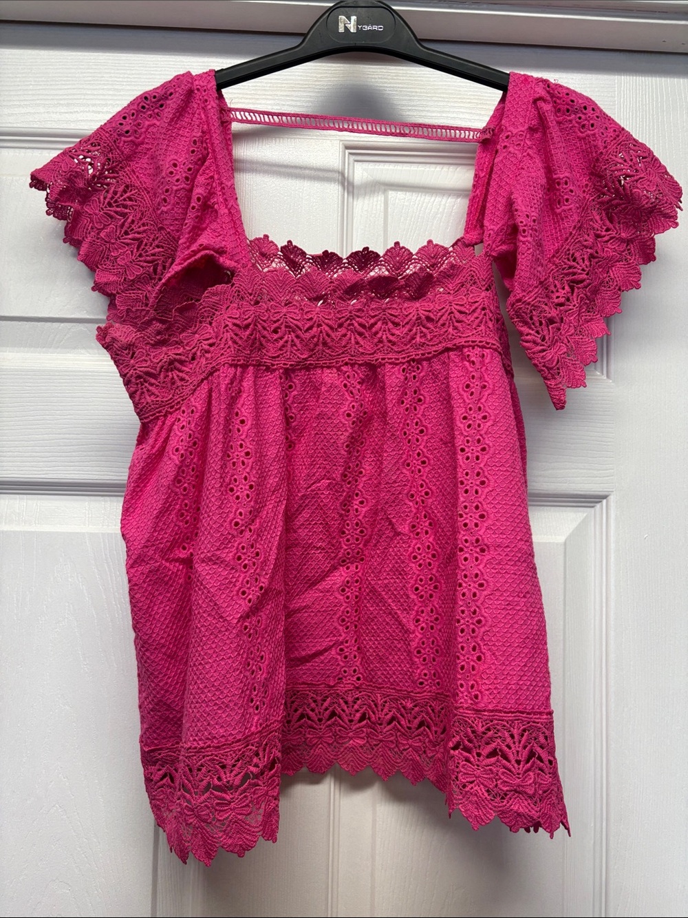 Entro Women's Crochet Eyelet Square-Neck Flutter Sleeve Top Fuchsia Pink Medium